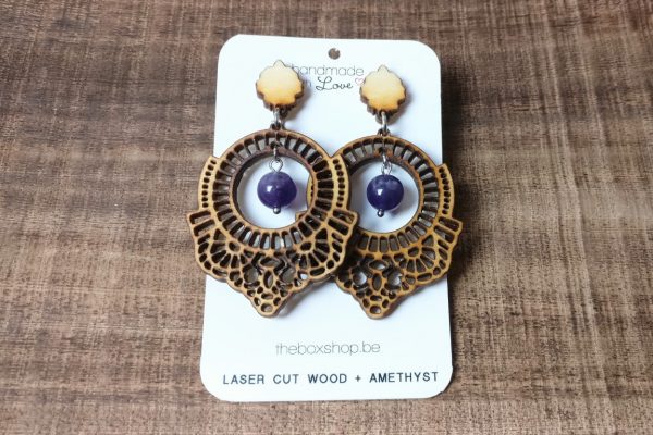 laser cut wood earrings amethyst