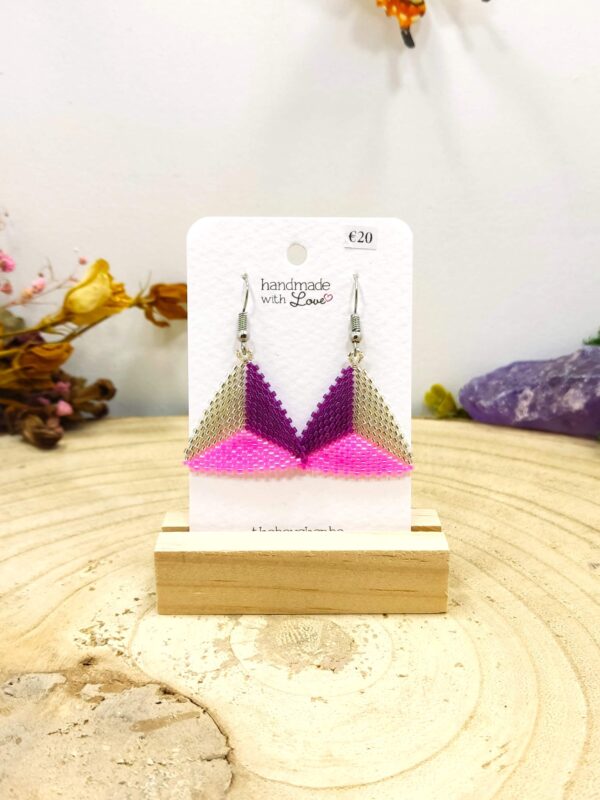 Driehoekige oorhangers zilver-paars-roze